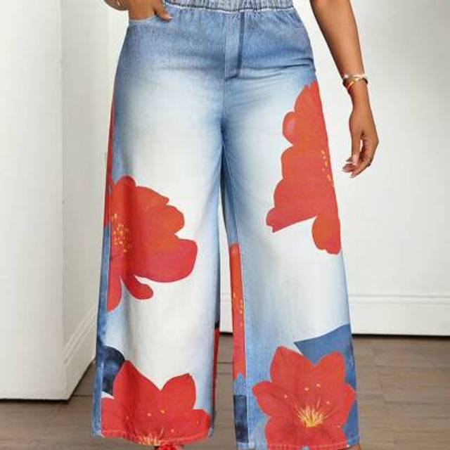 SHEIN Plus Size Elastic Waist Wide Leg Jeans Women Outfits Women&#39;s Baggy Jeans Red Printed Jeans Work Pants Flowy Pants Mom Jeans Island Vacation Outfits Mo