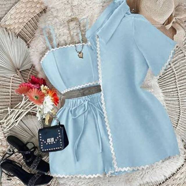Calvaya 3pcs/Set Women Contrast Trim Camisole + Drawstring Shorts + Short Sleeve Jacket