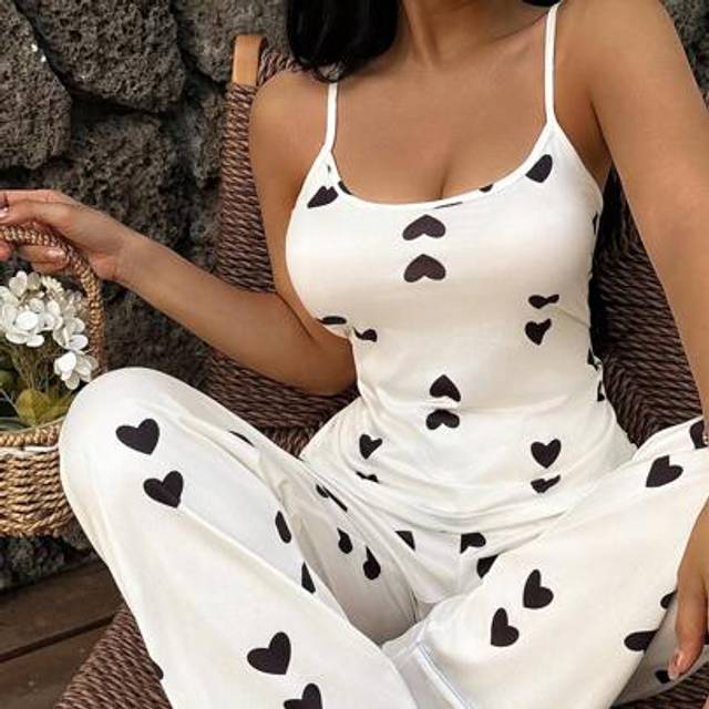 SHEIN Women&#39;s Heart Knit Printed Camisole And Pants Sleepwear Set, Comfortable Casual All Season