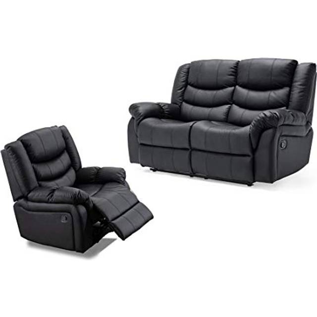 Seattle Manual Recliner Bonded Leather 1+2 Seater Sofa Set - Black - One Size