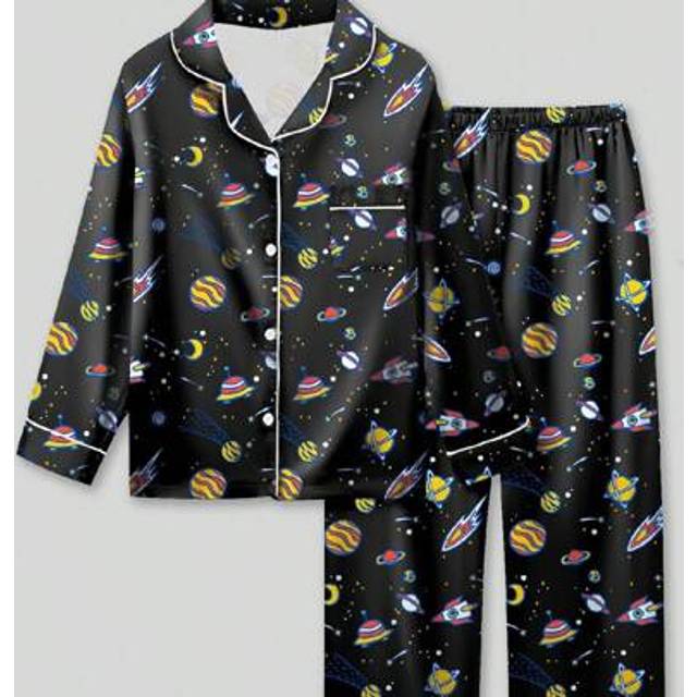 SHEIN 2pcs Tween Boy Space Pattern Long Sleeve Pajama Set