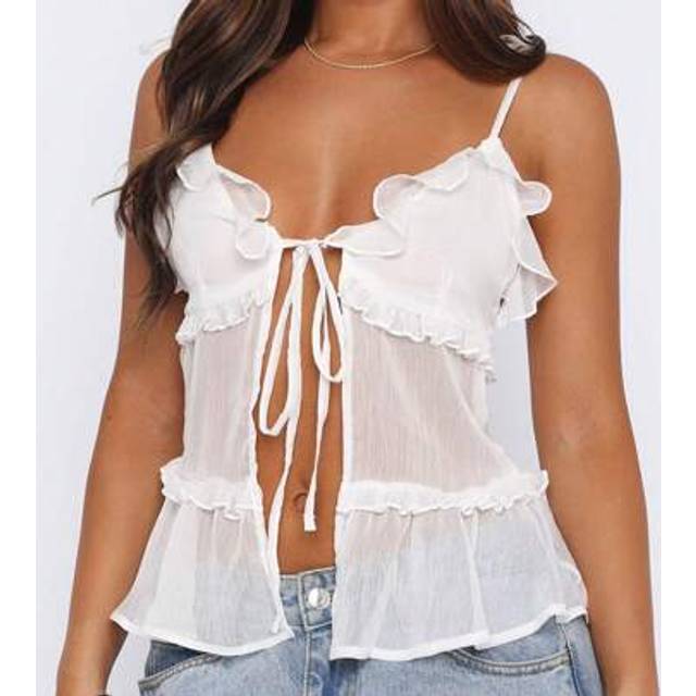 SHEIN Women&#39;s 1pc Ruffle Trim Sheer Tie-Front Camisole Top Sexy Streetwear Tank Summer
