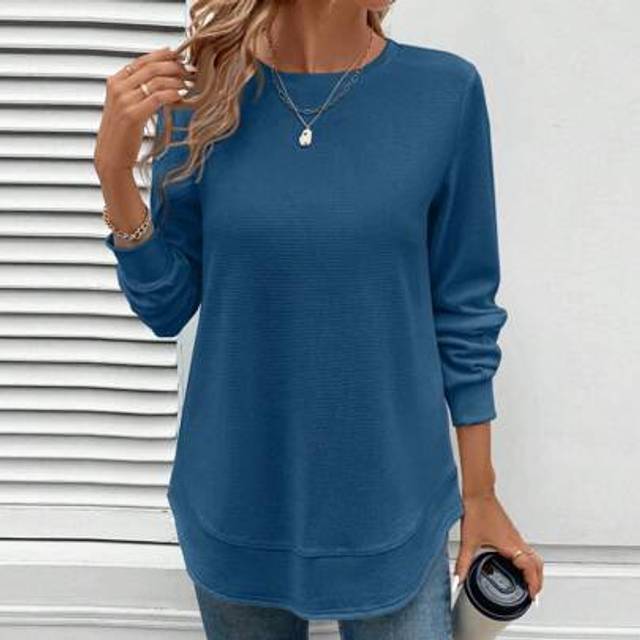 Luneh Women&#39;s Casual Comfortable Crew Neck Asymmetrical Hem Waffle Texture Basic Sweatshirt,Long Sleeve Tops