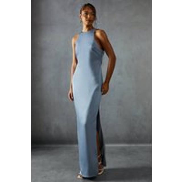 Womens Premium Satin Racer Open Back Bridesmaid Dress - Blue - 14