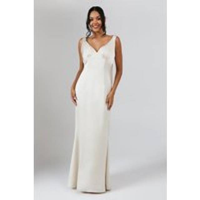 V Neck Bow Detail Satin Bridesmaid Dress - Champagne - 12