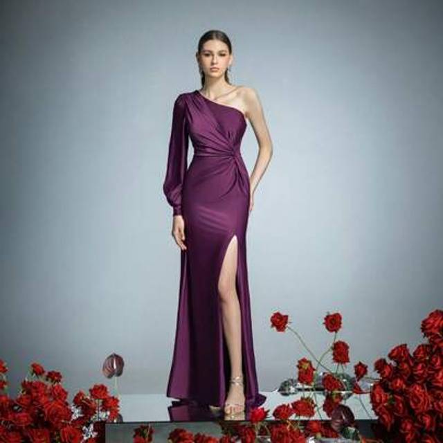 SHEIN Luxury Asymmetric Shoulder Evening Gown With Dramatic Lantern Sleeve & Thigh-High Slit â Elegant Floor-Length Formal Dress Featuring Side Waist Twis