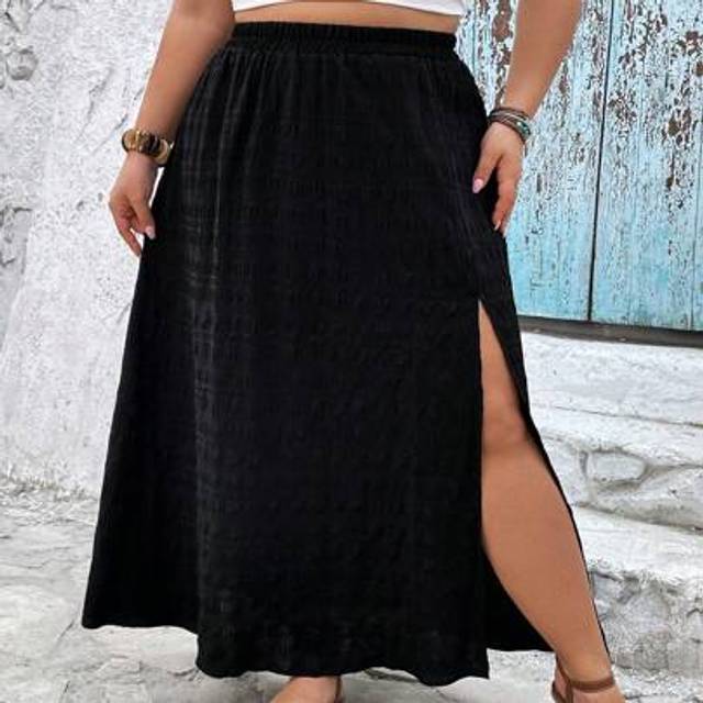 Plus Size Dam Svart Elastisk Midja Sidslispad Ner Casual Semesterkjol, Sommar, Curve Plus, Hoho Vacation (5XL,6XL,7XL,8XL)