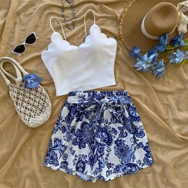 Soleia 2pcs Women Summer Beach Vacation Outfit, White Elastic Cami Top And Casual Floral Print Shorts