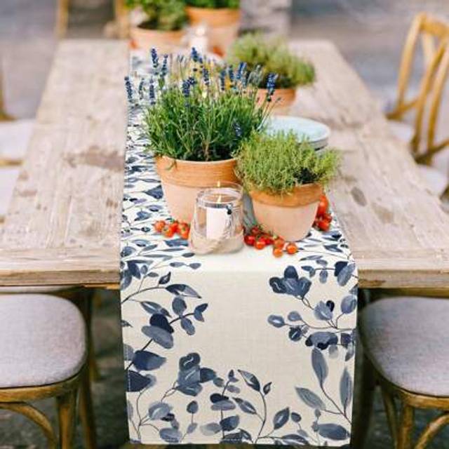 SHEIN Blue Leaf Watercolor Eucalyptus Leaf Table Runner, Blue And White Tablecloth, Blue Botanical Kitchen Dining Table Decor For Home Party, 33 X 183 Cm