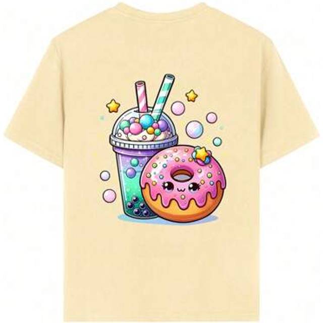 SHEIN Tween Girl Cute Beverage & Donut Print Round Neck T-Shirt, Summer Top
