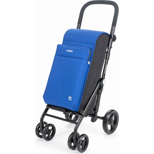 Carlett - Shoppingvagn, vikbar stormarknadsvagn, med 4 hjul och en stor kapacitet på 25 kg, 50 l huvudväska, 10 l kylväska och bakficka - blå