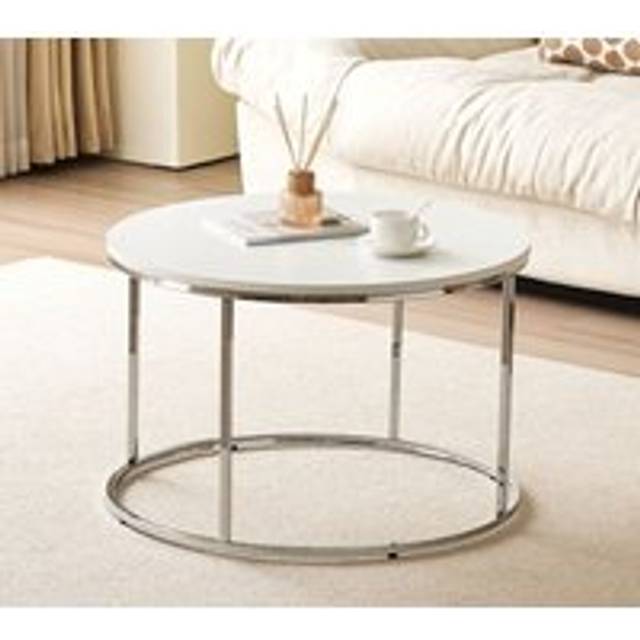 Circular Coffee Table With Silver Metal Frame and Wood White Table Top - 1 Pack