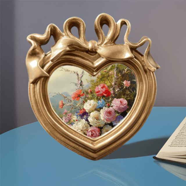 SHEIN 1pc Square/Oval/Heart-Shaped Resin Small Photo Frame With Golden Bow Decor, Includes Photo Paper, Suitable For Holiday Celebrations, Birthdays, Gifts