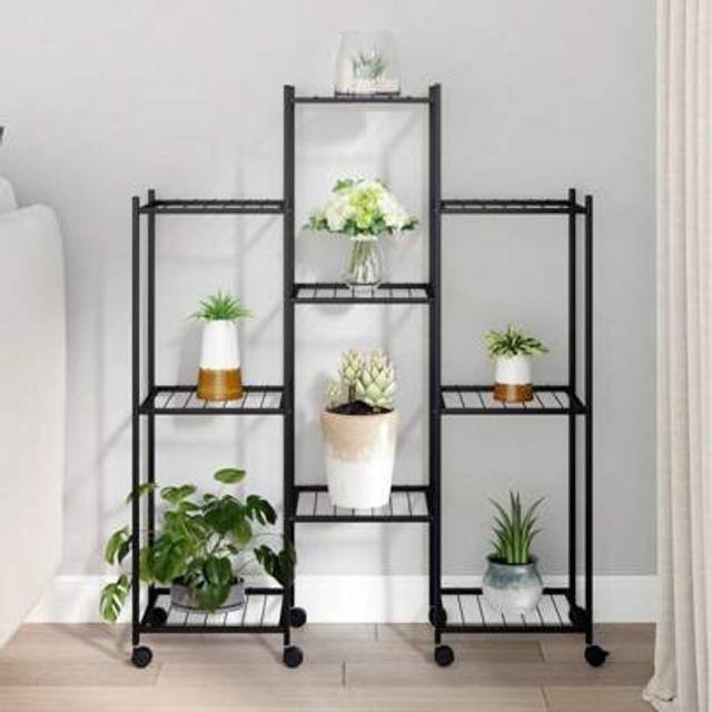 SHEIN Black Iron Flower Stand On Wheels 83x2035 Cm Mobile Plant Display Rack For Indoor Outdoor Use
