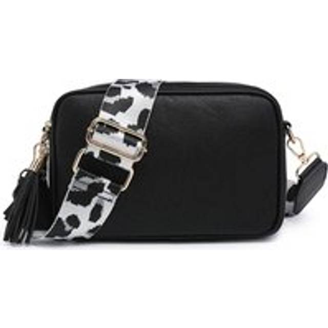 Small Double Zip Compartments Crossbody Bag With Tassel Charm and Camo Strap - Black - One Size