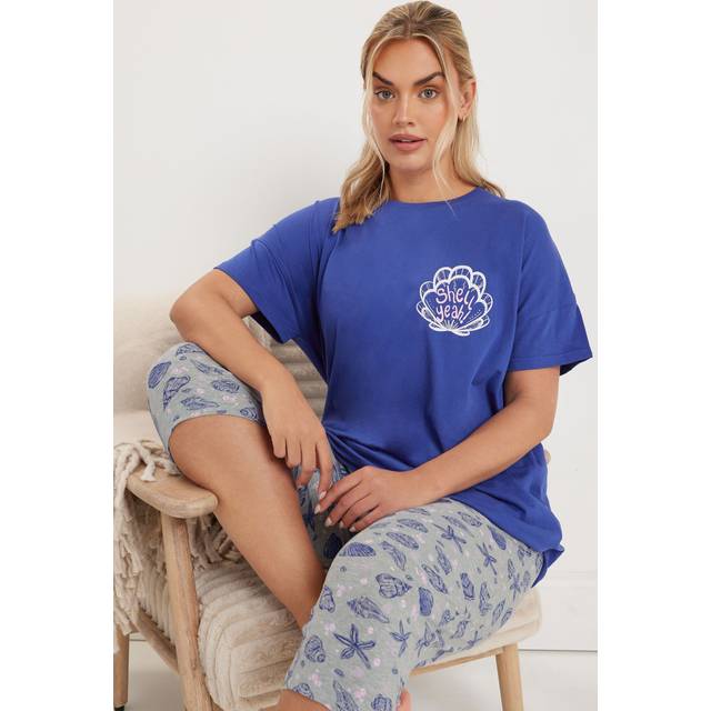 Yours Curve Blue 'Shell Yeah' Graphic Cropped Pyjama Set - 14-16