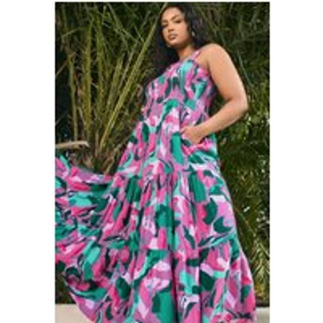 Yours Curve Pink Abstract Print Shirred Maxi Dress, Women's Curve & Plus Size, Yours - 18
