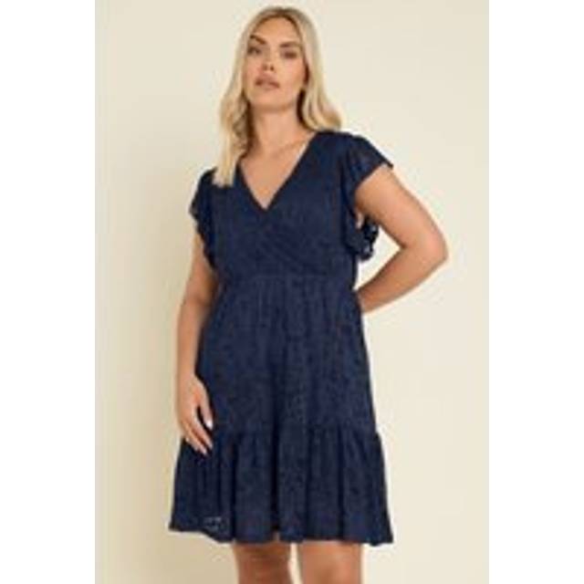 Yours Curve Navy Blue Broderie Anglaise Wrap Mini Dress, Women's Curve & Plus Size, Yours - 26-28