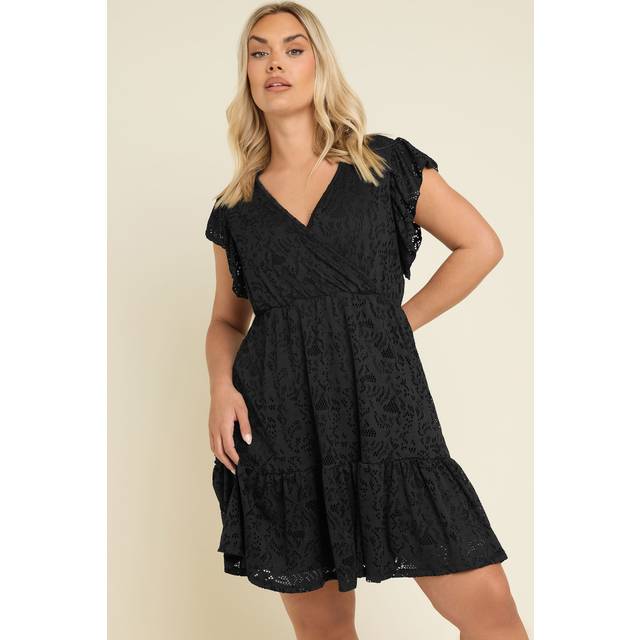 Yours Curve Black Broderie Anglaise Wrap Mini Dress, Women's Curve & Plus Size, Yours - 26-28