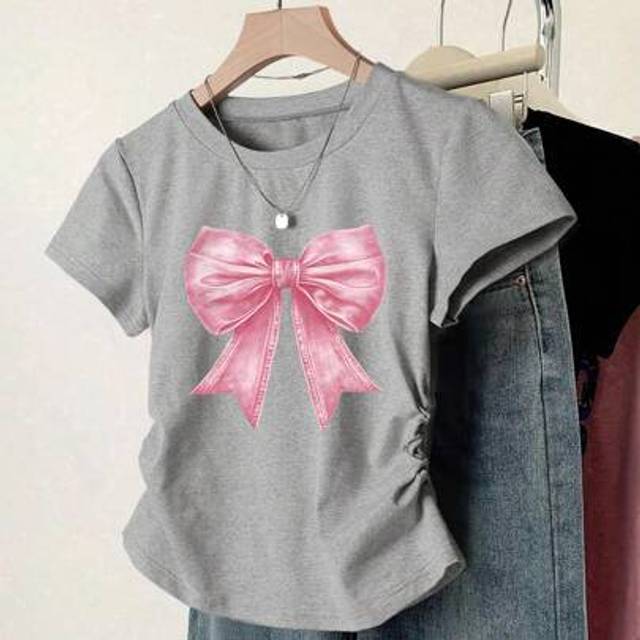 SHEIN Plus Size Girls&#39; Casual Pink Bow Print Short Sleeve T-Shirt