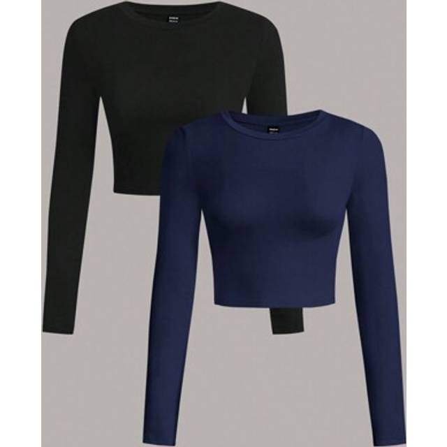 SHEIN 2pcs/Set Casual Solid Color Round Neck Long Sleeve Cropped Slim Fit T-Shirts For Women, Suitable For Spring And Autumn