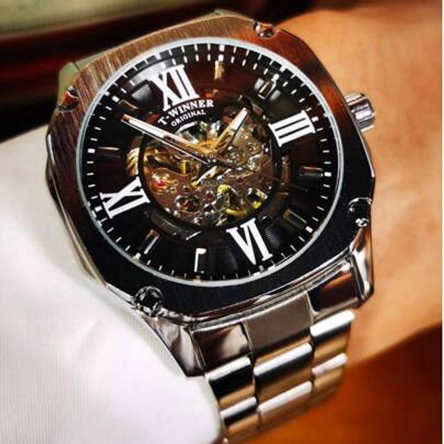 SHEIN 1pc Classic Business Square Skeleton Automatic Watch For Men Luminous Hands Stainless Steel Strap Fashion Men Watches Top Brand Luxury Wristwatches Gi