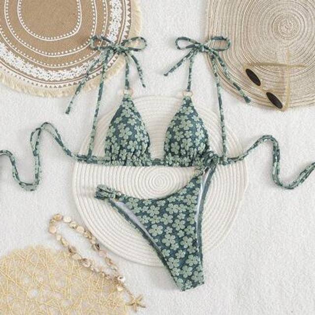 Nyankomst vår/sommar grönt blommigt tyg sexigt metallring accent bikini set (L,M,S)