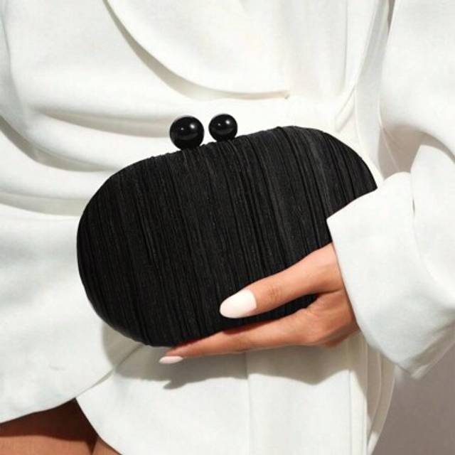 SHEIN 1pc Elegant Mini Solid Color Satin Textured Pleated Oval Clutch Bag, Suitable For Party, Wedding, Formal Events
