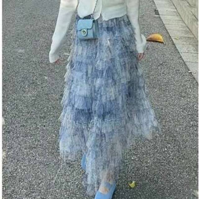 SHEIN Slate Blue Tie-Dye High Waist Tulle Puff Skirt, Pleated Long Skirt For Women, Spring/Autumn