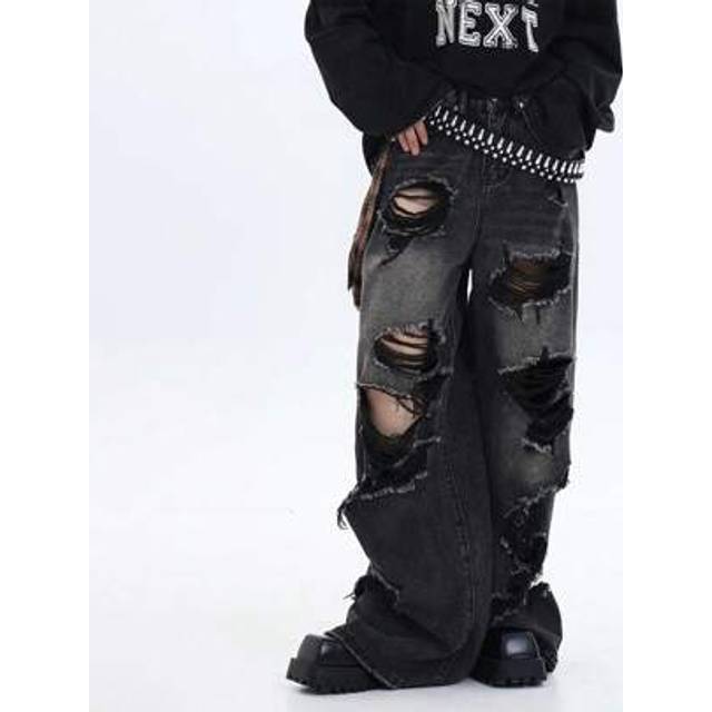 SHEIN 1pc American Streetwear Style Ripped Men&#39;s Wide Leg Straight Casual Denim Jeans