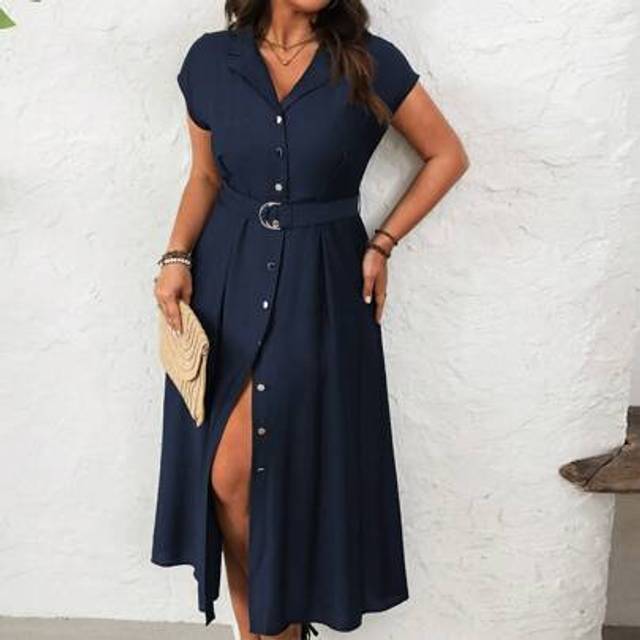 Plus size dam vår & sommar fransk elegant kontor & ledig v-ringad lång klänning med bälte med silver "D"-spänne och metallknappdetaljer - Marinblå (0XL,1XL,2XL,3XL,4XL)