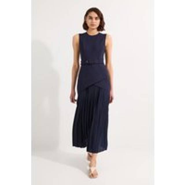 Petite Ponte And Georgette Jersey Pleated Maxi Dress - Navy
