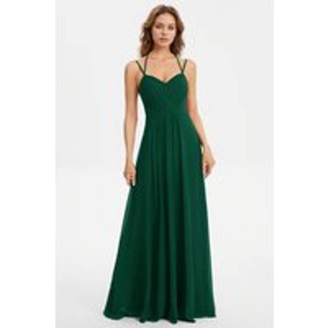 Elegant Spring V neck Ruffle Sleeve Ruched Backless Applique Flowing Chiffon Bridesmaid Dresses - Dark Green - 16