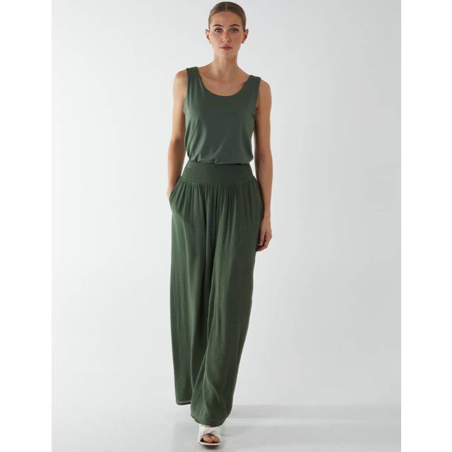 Womens Shirring Waist Wide Leg Trouser - Green - S
