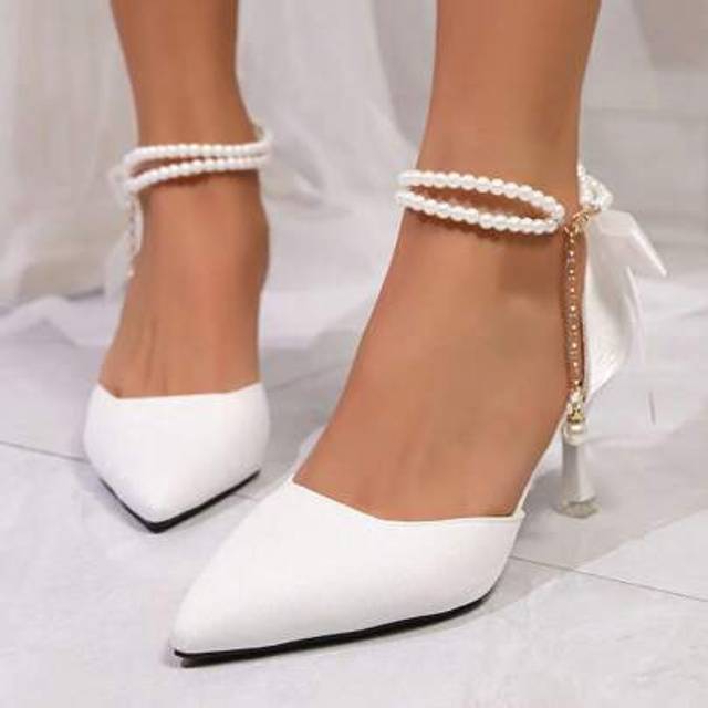 SHEIN Women&#39;s Pearl Butterfly Elegant Pointed Toe High Heels Wedding Shoes