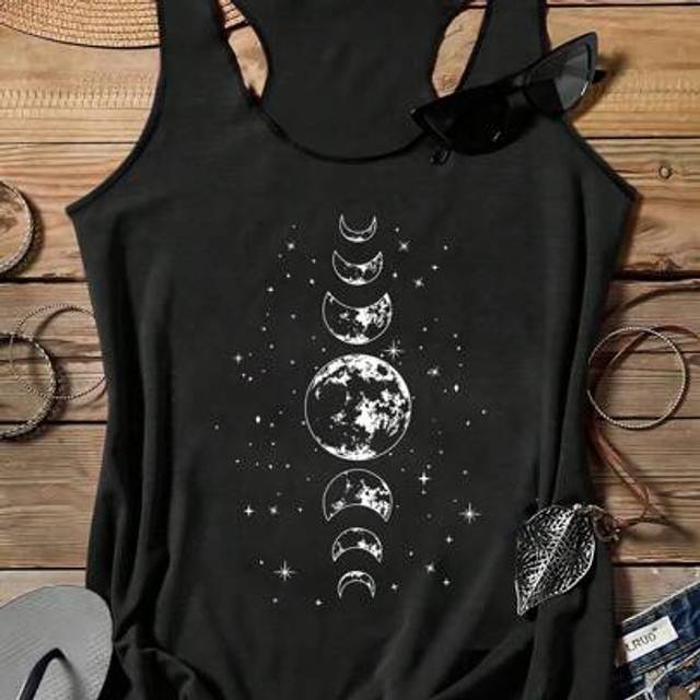 SHEIN Women&#39;s Casual Moon & Star Pattern Round Neck Camisole Tank Top, Suitable For Summer