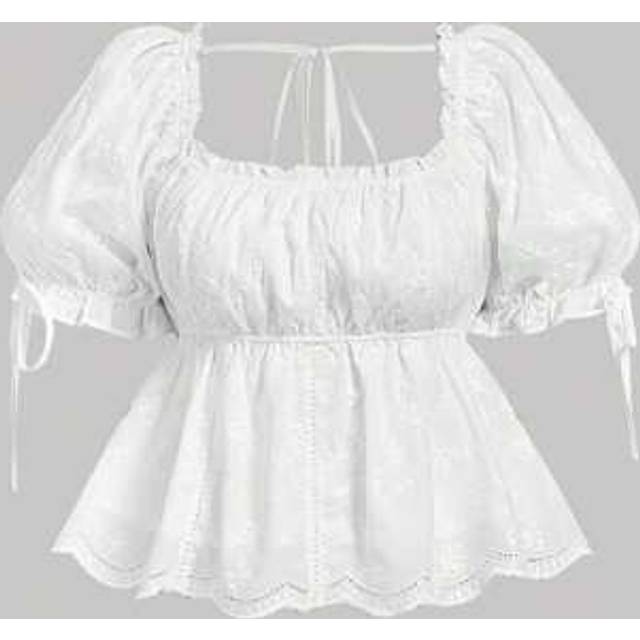 SHEIN Plus Size White Butterfly Embroidered Square Collar Cute Girl Vacation Doll Blouse.Tops  Summer