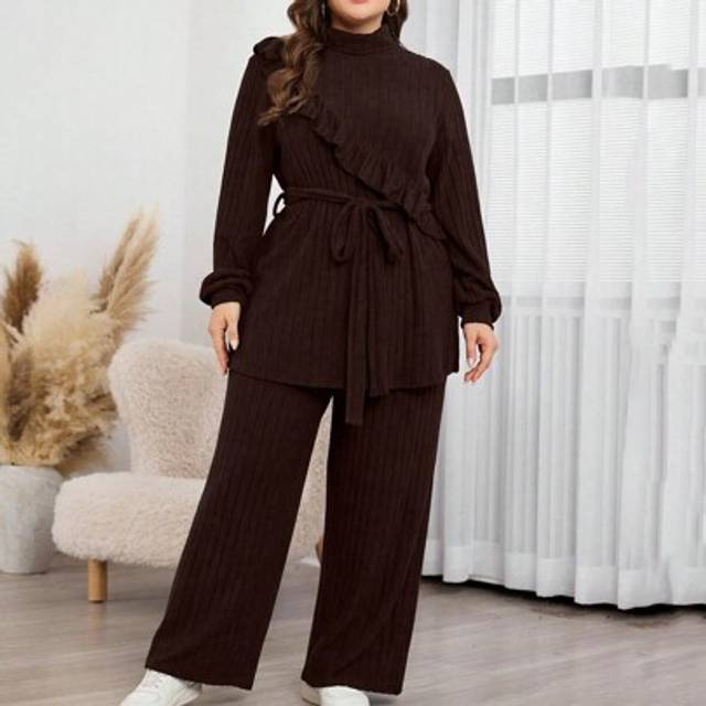 Mulvari 2pcs Set: Casual Ribbed Mock Neck Ruffle Trim Long Sleeve Top & Elastic Waist Loose Pants, Plus Size, Suitable For Spring & Autumn 2 Pieces Set