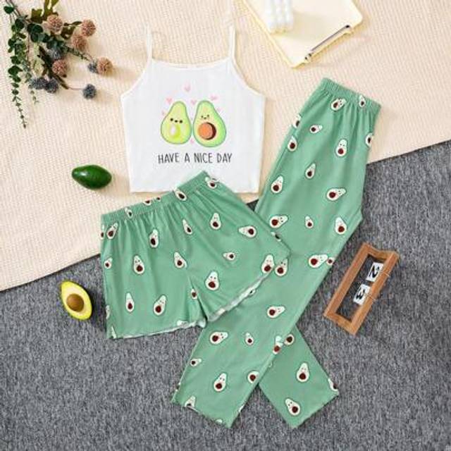 SHEIN Tween Girls 3-Piece Avocado Printed Camisole, Shorts & Long Pants Pajama Set, Flame Resistant