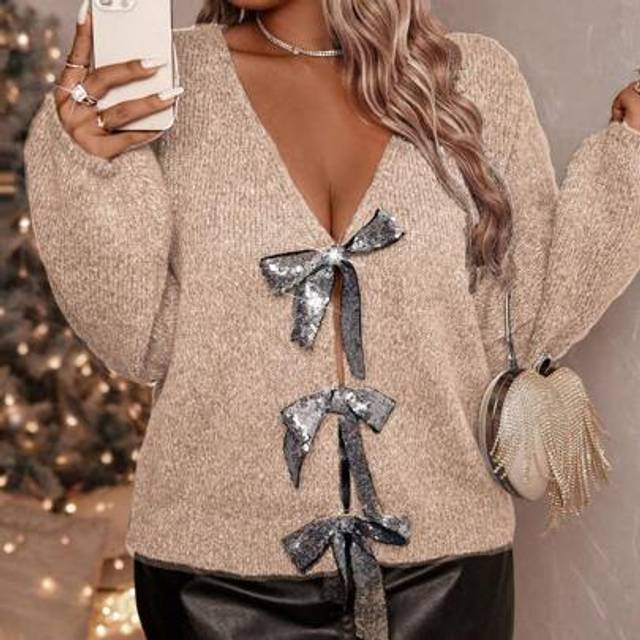 SHEIN Plus Size Women Solid Color Knit Removable Sequins & Bow Casual Loose Thick Cardigan, Suitable For Halloween, New Year, Valentine&#39;s Day, Thanksgiving,