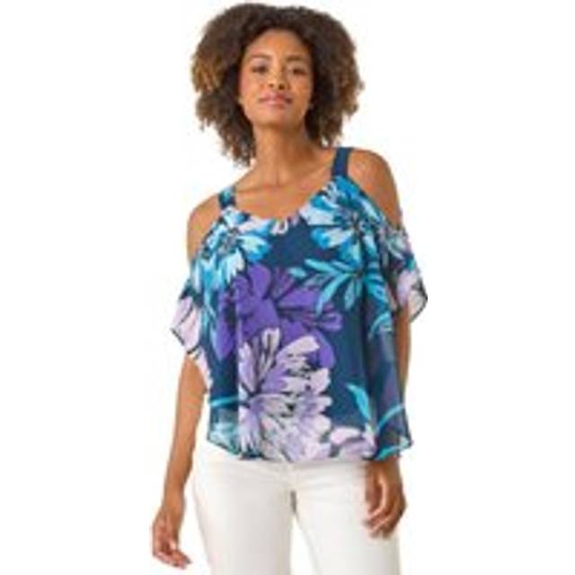 Floral Cold Shoulder Overlay Top - Purple - 12