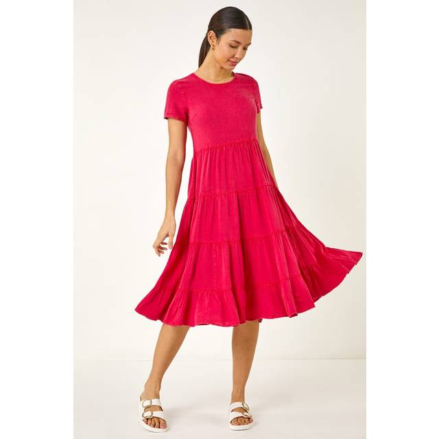Frill Tiered Smock Midi Dress - Pink - 20