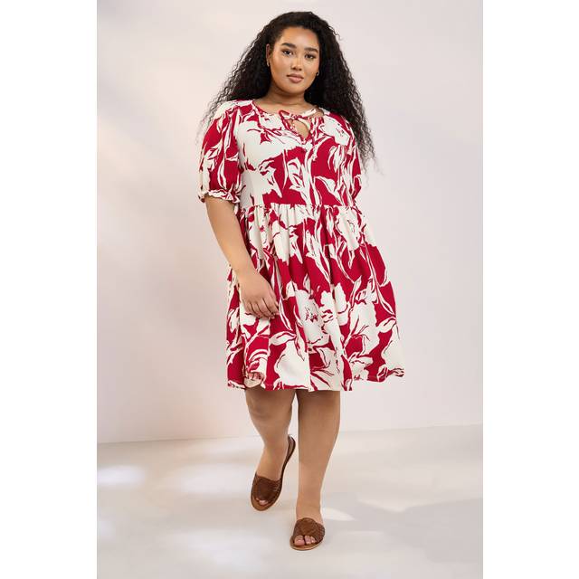 Yours Curve Red Abstract Print Tie Neck Mini Dress, Women's Curve & Plus Size, Yours - 30-32
