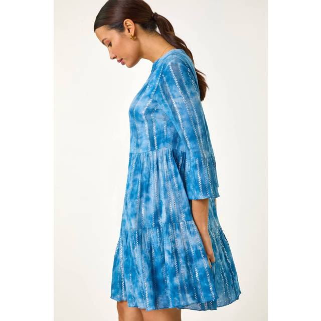 Tie Dye Print Shimmer Smock Dress - Blue - 14