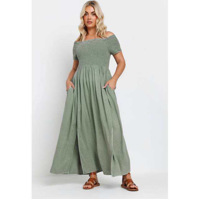 Yours Curve Sage Green Shirred Bardot Chambray Maxi Dress, Women's Curve & Plus Size, Yours - 18
