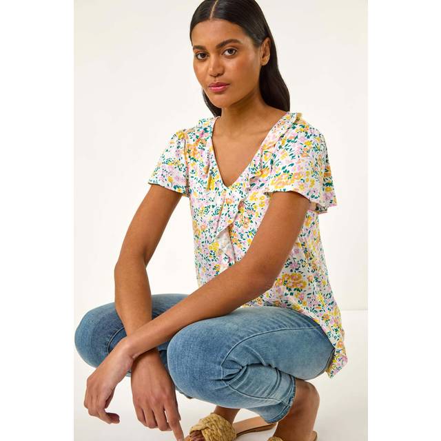 Roman White Floral Print Ruffle V-Neck Top - Size 14