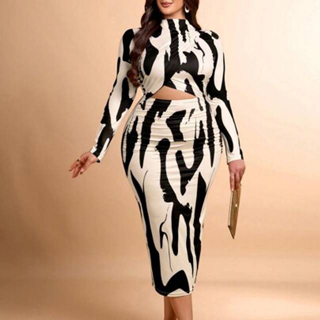 BIUBIU Plus Size Hollow Out Minimalist Casual Waist Hollow Print Midi Dress, Long Sleeve