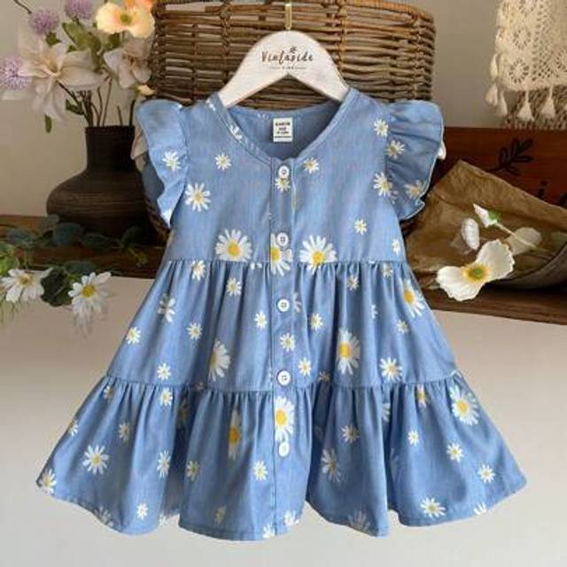SHEIN Baby Girl One Piece Casual Vacation Floral Pattern V-Neck Dress For Summer, Outdoor Vacation