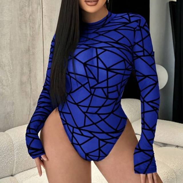 SHEIN Plus Size Women Flocking Long Sleeve Club Party Bodysuit, Autumn/Winter