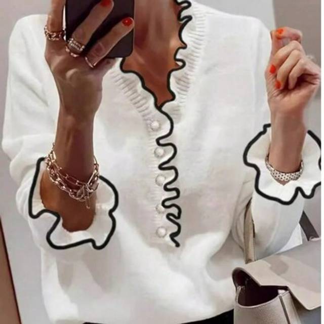 SHEIN Plus Size Women Ruffle Hem Contrast Color V-Neck Casual Pullover Sweater